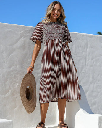 Shirred Dress Choc Stripe