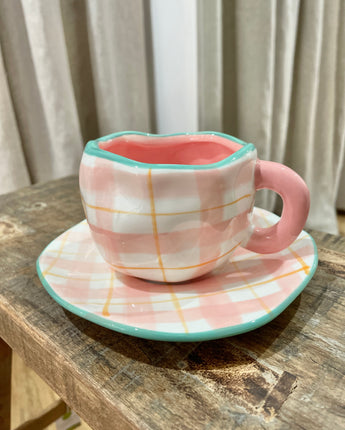Pink Tartan Mug & Saucer Set