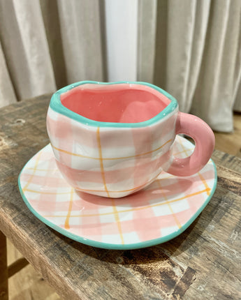 Pink Tartan Mug & Saucer Set
