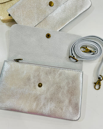 Metallic Silver Clutch Crossbody Bag