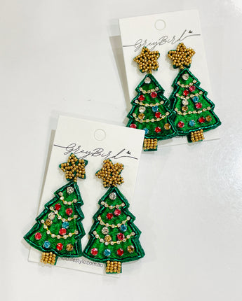 Beaded Tree Christmas Earrings - Assorted