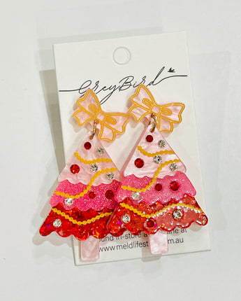 Pink Bow Christmas Tree Earrings