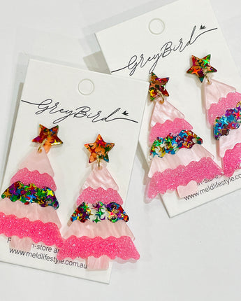 Pink Star Christmas Tree Earrings