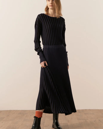 Atrium Ribbed Pleat Knit Skirt Ink/Black
